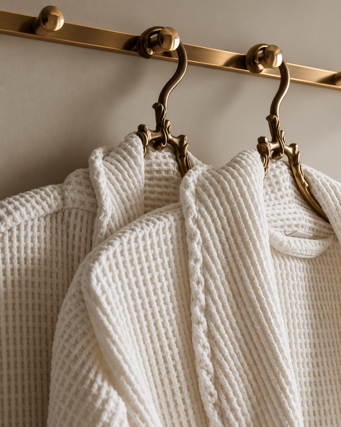Twee witte badjassen hangen klaar aan twee gouden haken