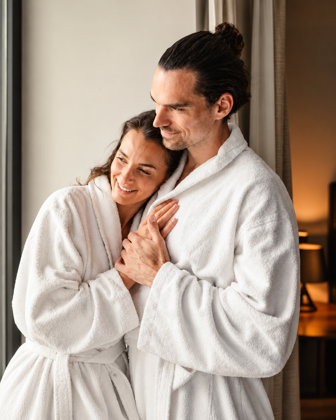Een stel in badjassen houdt elkaar vast tijdens een wellnessmoment